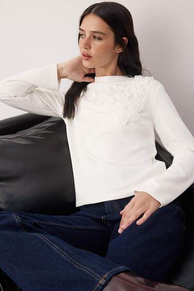 Trendyol Collection Ecru Embroidery Detailed Regular/Normal Fit Soft Buttoned Stretchy Knitted Blouse Twoaw26Bz00238