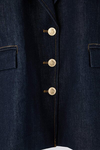 Trendyol Curve Limited Edition Dark Blue Pocket Detailed Fitted Waist Blazer Denim Jacket Tbbaw26Ag00042