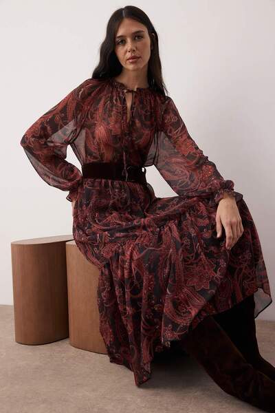 Trendyol Collection Multi-Colored Shawl Patterned Suede Belted Maxi Lined Woven Dress Twoaw26El00327