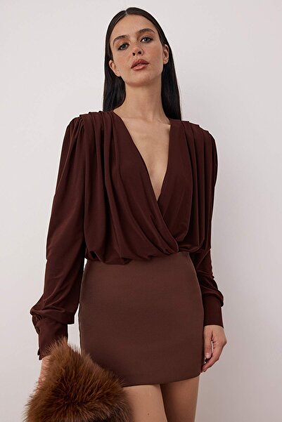 Trendyol Collection Dark Brown Plain V-Neck Long Padded Bottom Snap Fastener Knitted Sandy Stylish/Night Body Tprss21Bd0029