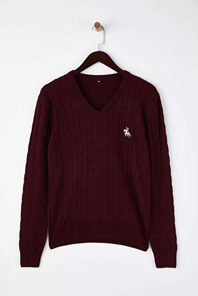 Trendyol Collection Burgundy Horse Embroidered V-Neck Hair Knitwear Sweater Twoaw26Kz00259