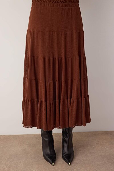 Trendyol Collection Brown A-Line Ruffle Detail Foam Stretchy Knitted Skirt Twoaw26Et00155
