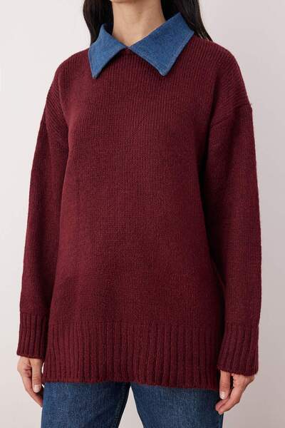 Trendyol Collection Burgundy Denim Collar Garnished Soft Textured Knitwear Sweater Twoaw26Kz00278