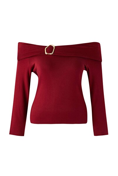 Trendyol Curve Brown Viscose Soft Fabric Bodycon Carmen Collar Knitted Plus Size Blouse Tbbaw26Af00094