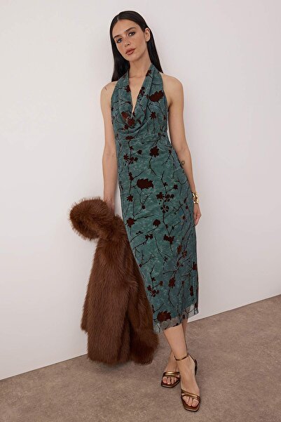 Trendyol Collection Emerald Green Floral Knitted Tulle Midi Lined Graduation/Prom Dress Tpraw26El00140