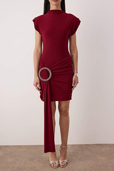 Trendyol Collection Burgundy Special Accessory Detailed Knitted Mini Unlined Dress Tpraw26El00032