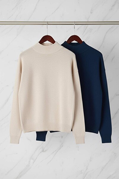 Trendyol Collection Navy Blue-Stone Navy Blue-Ecru Basic Double Pack Knitwear Sweater Twoaw26Kz00232 Knitwear Sweater Twoaw26Kz00232