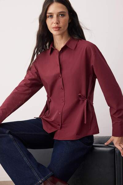 Trendyol Collection Burgundy Regular Woven Shirt with Ribbon Detail Twoaw26Go00006