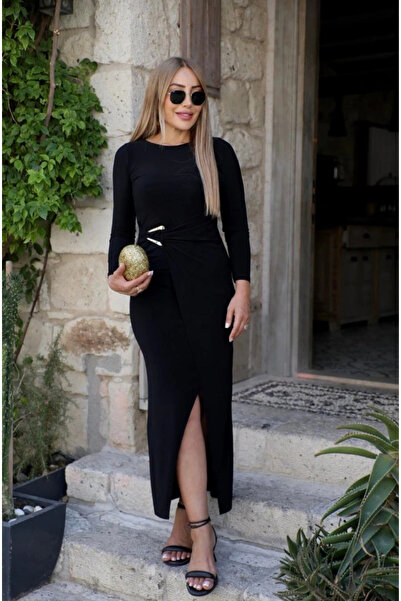 ARONA Women's Long Sleeve Front Cross Detailed Side Buckle Detailed Long Sandy Dress