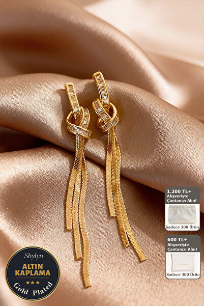 Shylyn 925 Gümüş İğneli Uzun Püsküllü Zirkon Taşlı Kalın Altın Kaplama Boho Küpe