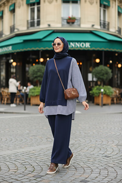 Aselim Hijap Moda طقم مكون من قطعتين مع تونيك مزين بقميص مخطط |   بنطلون واسع...