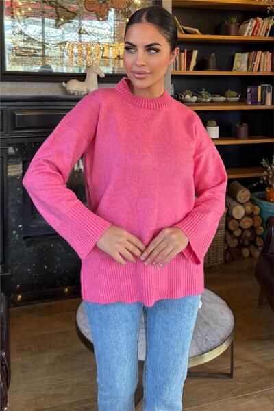 WeShaya Pink Ribbed Detailed Soft Textured Casual Crew Neck Sweater