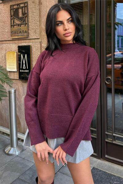 WeShaya Vínově červený svetr s měkkou texturou a žebrovaným detailem, ležérní...