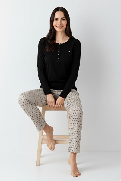 Pierre Cardin Women's Black Round Half Placket Button-Down Collar Modal-Cotton 2-Piece Pajama Set Vr.11.P91.C02.Y01