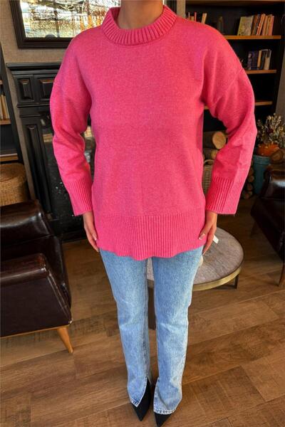 WeShaya Pink Ribbed Detailed Soft Textured Casual Crew Neck Sweater