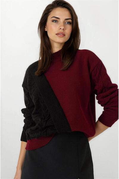 WeShaya Pulover din tricot cu gât rotund, roșu claret-negru