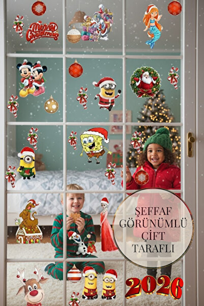 New Year Christmas Figures Welcome 2026 New Season Transparent Double Sided Glass Door Wall Sticker Set