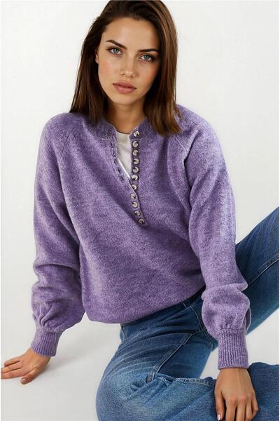 WeShaya Pulover tricotat cu dungi cu guler cu nasturi liliac