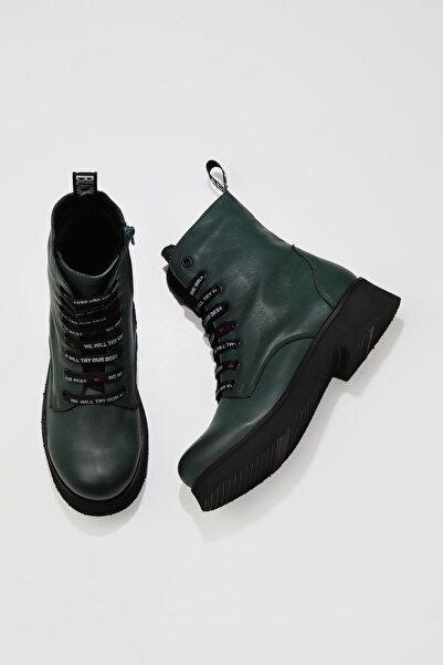 Bueno Shoes Πράσινες δερμάτινες γυναικείες μπότες - Flat Cut 01wr8802