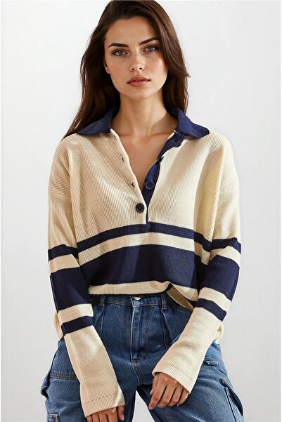 WeShaya Pulover tricotat 100% acrilic cu guler polo, cu nasturi, crem-albastr...