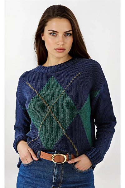 WeShaya Μακρυμάνικο ακρυλικό πουλόβερ με στρογγυλή λαιμόκοψη με μπλε ναυτικό σχέδιο μπακλαβάλ