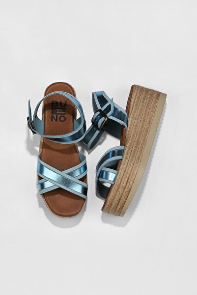 Bueno Shoes Μπλε γυαλιστερό δερμάτινο γυναικείο πέδιλο με τακούνι 01wu6116