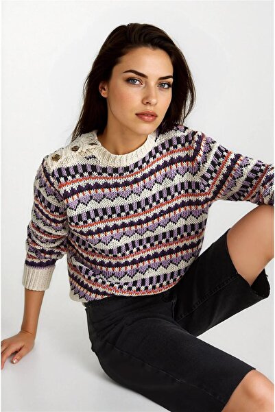 WeShaya Pulover tricotat cu model cu nasturi pe umăr ecru