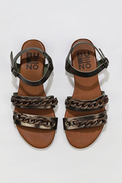 Bueno Shoes Χακί γυαλιστερό δέρμα γυναικεία φλατ σανδάλια 01wu7434