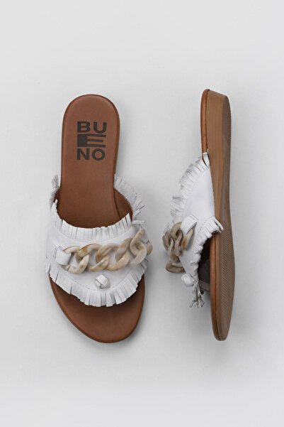 Bueno Shoes Λευκές Δερμάτινες Γυναικείες Παντόφλες Flat 01wu7408