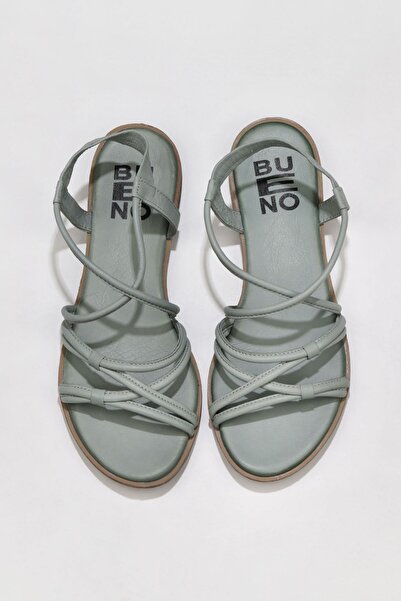 Bueno Shoes Μπλε δερμάτινα γυναικεία φλατ σανδάλια 01wu3004