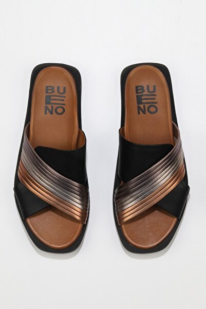 Bueno Shoes Μαύρες πολυδερμάτινες γυναικείες παντόφλες - Flat Design 01wu3315