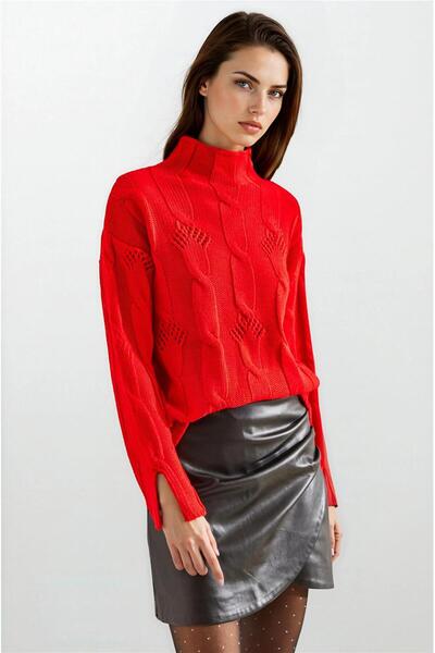 WeShaya Kırmızı Yarım Balıkçı Yaka Saç Örgü Desenli Triko Kazak