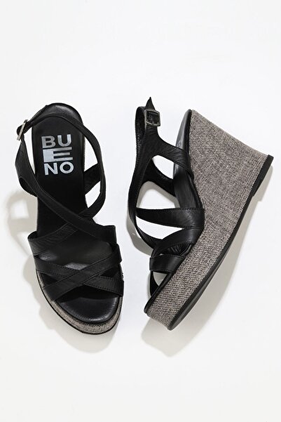 Bueno Shoes Μαύρα δερμάτινα γυναικεία πέδιλα με σφήνα τακούνι 01wq7300