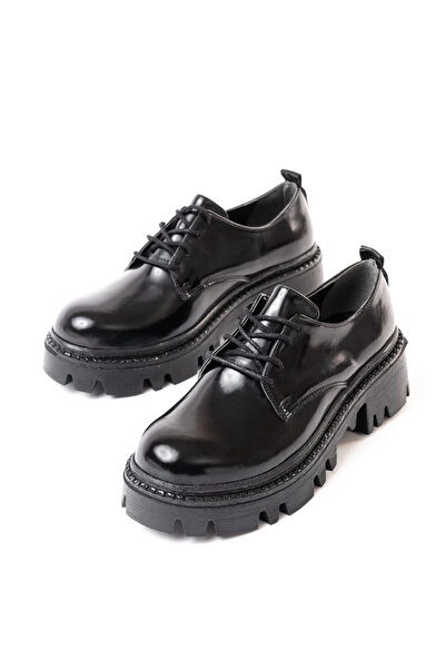 KÖMEN 868-754 Black Patent Leather Laced Daily High-Sole Loafer Shoes