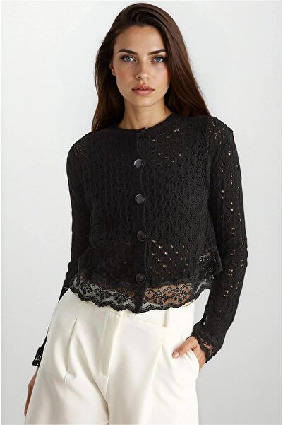 WeShaya Μαύρη δαντέλα με λεπτομέρεια με κουμπιά ελαφρύ πλεκτή ζακέτα
