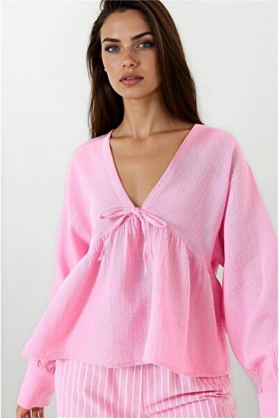 WeShaya Bluză din muselină de bumbac cu decolteu în V roz bomboană