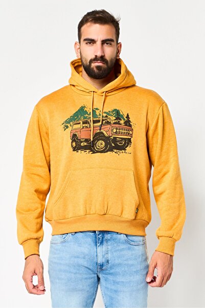 Horizon Men Hood Graphic Print Long Sleeve Fleece Hoodie, Mustard