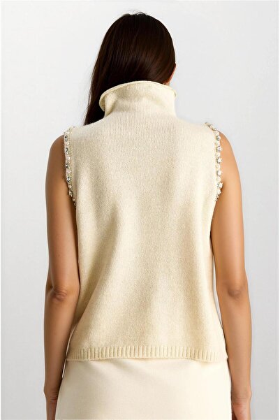 WeShaya Κρεμ πέτρινη λεπτομερής μπλούζα αμάνικη πλεκτή με μισό ζιβάγκο
