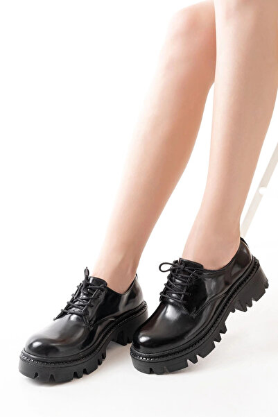 KÖMEN 868-754 Black Patent Leather Laced Daily High-Sole Loafer Shoes