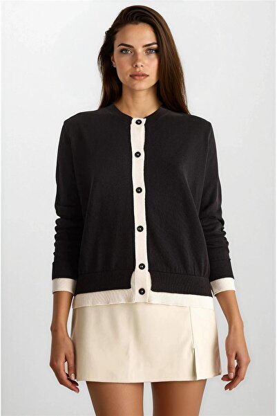 WeShaya Black Contrast Buttoned Crew Neck Modal Cardigan