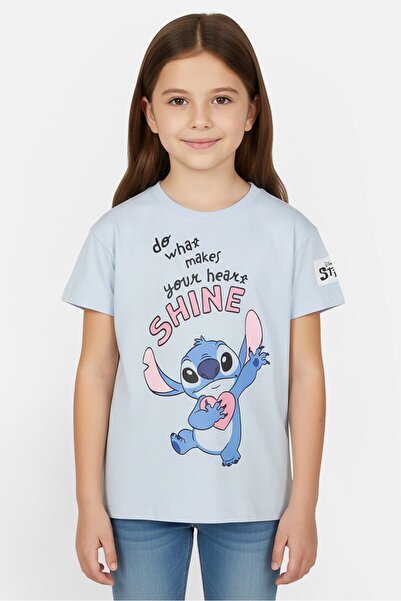 Disney x Stitch Kids Girl Crew Neck Short Sleeve Graphic Print T-Shirt, Blue