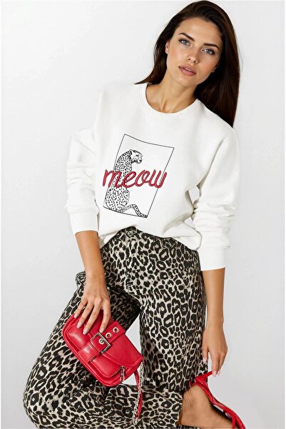 WeShaya سويت شيرت بأكمام طويلة مصنوع من القطن بنسبة 100% مطبوع عليه نمر أبيض