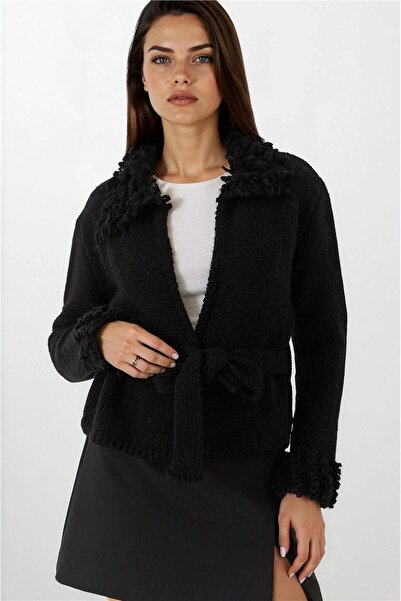 WeShaya Black Tassel Collar and Sleeve Tip Knitwear Cardigan