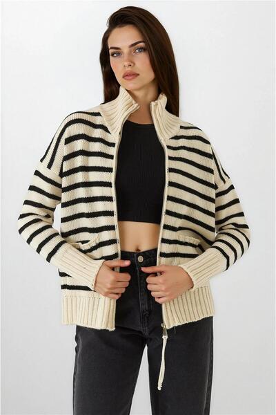 WeShaya Cardigan tricotat cu guler înalt, cu fermoar, în dungi ecru-negru