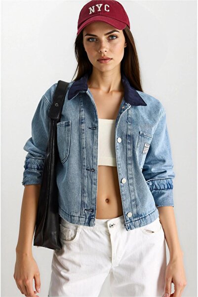 WeShaya جاكيت دينم قطني بقصة ضيقة مع ياقة متباينة باللون الأزرق