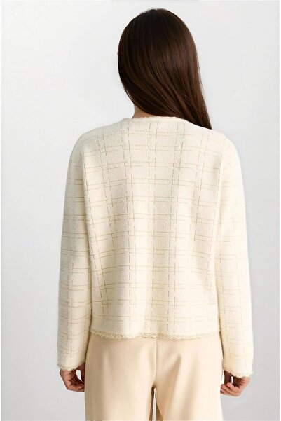 WeShaya Ecru Glittery Vintage Buttoned Soft Textured Cardigan