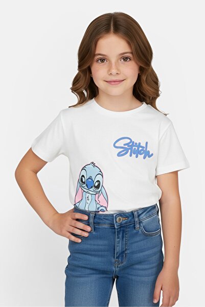 Disney تي شيرت بأكمام قصيرة مزين بتطريز للبنات الصغار، أبيض