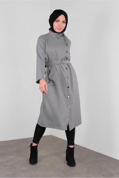 TRENDTESETTÜR Women's Black (Black-Cream) Cotton Buttoned Hawkneck Patterned Trench Coat 5755