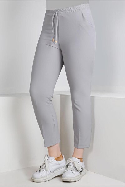 TRENDTESETTÜR WOMEN'S GRAY WAIST RUBBERED STRAIGHT CUT TROUSERS T 10001
