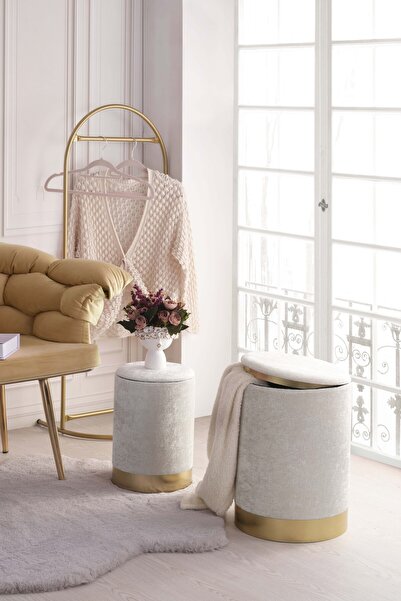 Eponj Home Comfort 2li Puf Yuvarlak Sandıklı Açık Krem